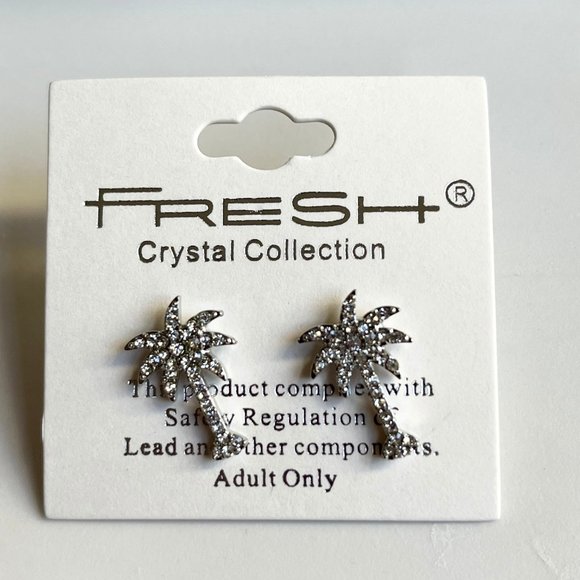 Palm Tree Earrings Crystal Silver Plated Post Stud Tropical Island Beach Life - Picture 2 of 8